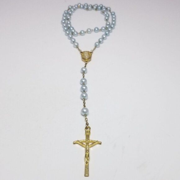 Vintage Blue Beaded Rosary Necklace, Religious Cross Pendant, Catholic, Estate - Picture 1 of 7